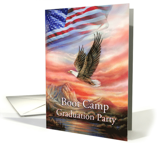 Boot Camp Graduation Party Invitation, Flying Eagle & Flag Sunset card