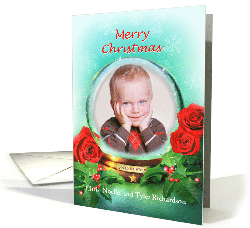 Merry Christmas Snow Globe with Red Roses and Holly, Photo card