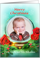 Merry Christmas Snow Globe with Red Roses and Holly, Photo Card