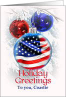 To Coastie, Holiday Greetings to Coast Guard, American Flag Christmas card