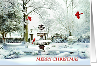 Merry Christmas Red Cardinals in Snowy Winter Garden card