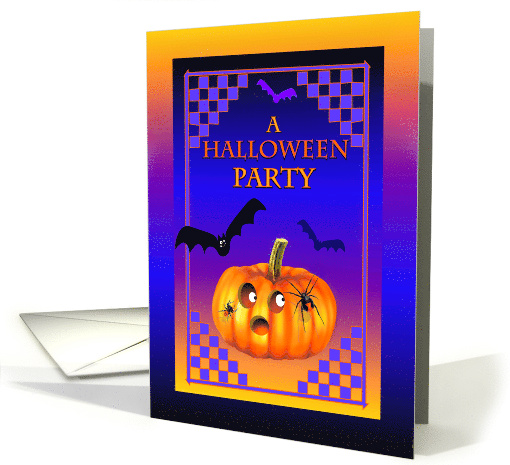 Halloween Party Invitation with Pumpkin Bats and Spiders card