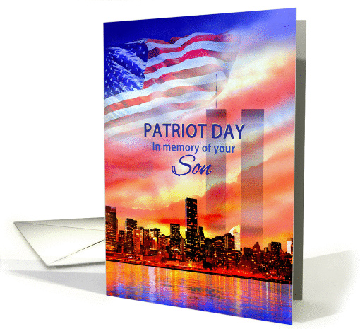 In Memory of Your Son on Patriot Day 9/11, Twin Towers and Flag card