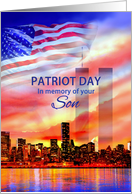 In Memory of Your Son on Patriot Day 9/11, Twin Towers and Flag card