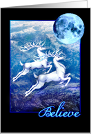 Believe in Magic, White Christmas Reindeer Flying Under the Moon card