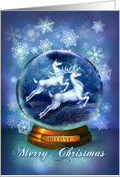 Christmas Snow Globe Believe in Reindeer Flying card