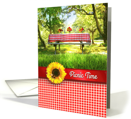 Picnic Invitation, Red Gingham Picnic Table and Yellow Sunflowers card