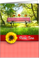 Picnic Invitation, Red Gingham Picnic Table and Yellow Sunflowers card