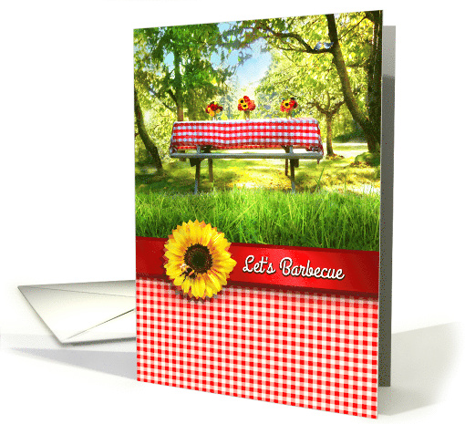 Barbecue Invitation, Red Gingham Picnic Table, Let's BBQ! card