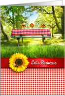 Barbecue Invitation, Red Gingham Picnic Table, Let’s BBQ! card