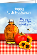 Happy Rosh Hashanah, Honey and Apple with Flowers and Bees card