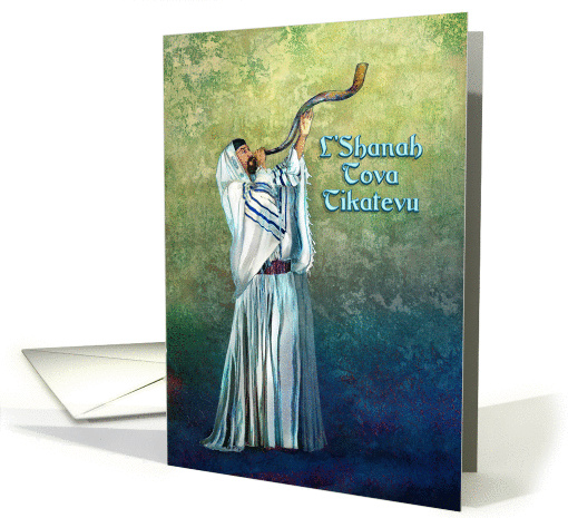 Happy Rosh Hashanah, L'Shanah Tova, Man at Wall Blowing Shofar card