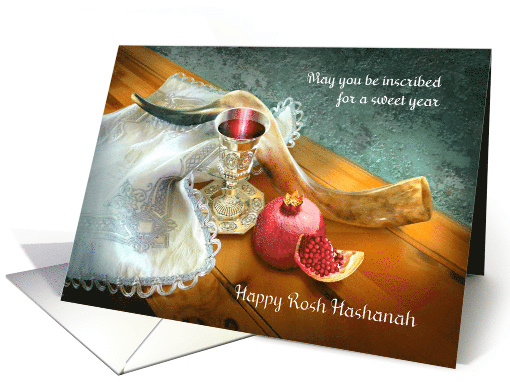 Happy Rosh Hashanah, Shofar with Wine Cup and Pomegranate card