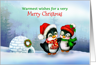 Merry Christmas Penguins in Santa Hats, Snow with Igloo & Wreath card