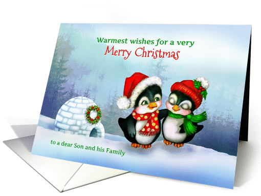 To Son and Family, Merry Christmas Penguins in Snow with Igloo card