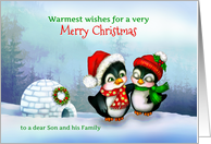 To Son and Family, Merry Christmas Penguins in Snow with Igloo card