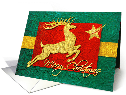 Merry Christmas, Golden Stag with Shooting Star on Red and Green card