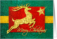 Merry Christmas, Golden Stag with Shooting Star on Red and Green card