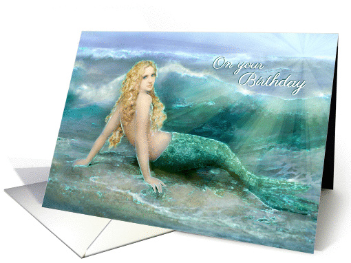 Happy Birthday Wishes, Mermaid on Seashore with Sparkling Waves card
