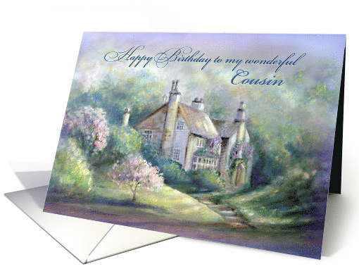 Happy Birthday to my Cousin, House & Garden with Flowering Trees card
