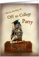 Off to College Party Invitation, Owl with Graduation Cap on Suitcase card
