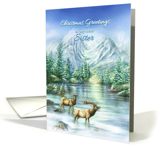 Christmas Greetings to My Sister Snowy Mountains Lake & Elk card