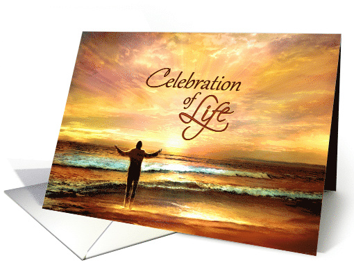 Celebration of Life Invitation, Golden Seascape Sunset Memorial card