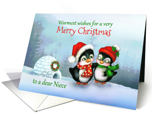 Merry Christmas to Niece, Penguins in Santa Hats in Snow... (1485724)