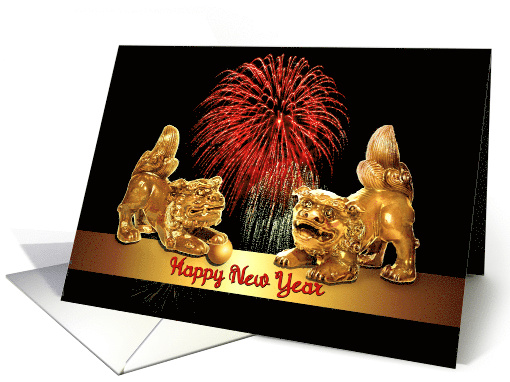 Happy Chinese New Year of the Dog, Foo Lion-Dogs & Fireworks card