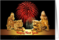 Happy Chinese New Year of the Dog, Foo Lion-Dogs & Fireworks card