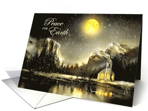 Peace on Earth, Silent Night Christmas Church with Golden Moon card