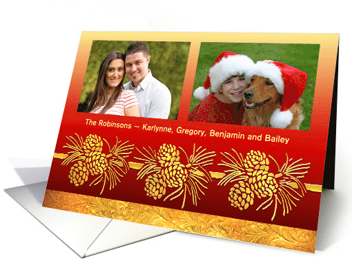 Merry Christmas for Two Photos Golden Pinecones on Red Christmas card