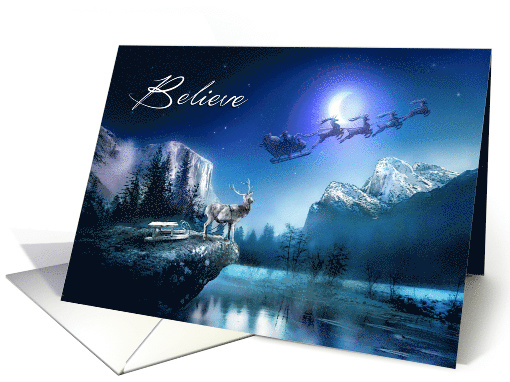 Believe in Christmas Magic with Deer and Santa's Flying Sleigh card