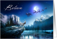 Believe in Christmas Magic with Deer and Santa’s Flying Sleigh card