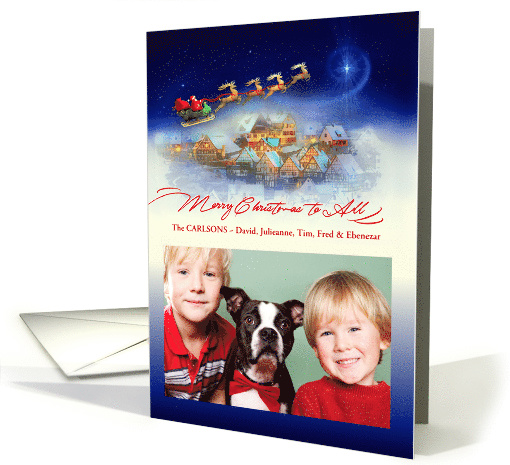 Santa and Reindeer Flying over Village, Merry Christmas for Photo card