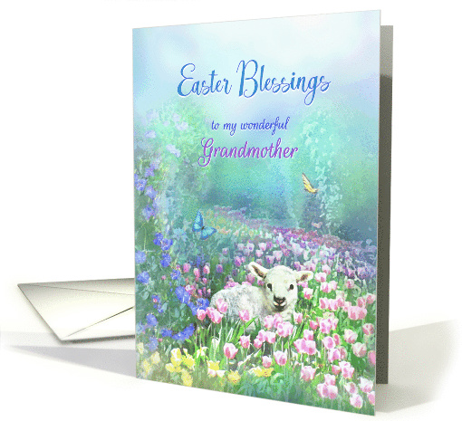 Happy Easter to Grandmother, White Lamb in Field of Tulips card