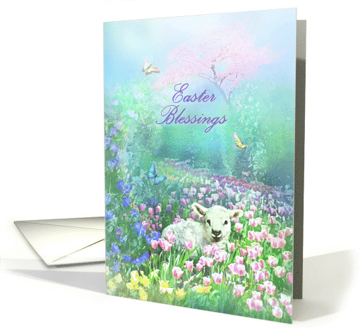 Easter Blessings, Lamb in Springtime Meadow of Tulips card (1563490)