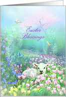 Easter Blessings, Lamb in Springtime Meadow of Tulips card
