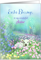 To My Sister, Easter Blessings White Lamb and Tulips card