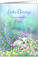 To My Cousin Easter Blessings White Lamb and Tulips for Cousin card