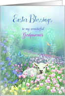 To My Godparents Easter Blessings White Lamb in Field of Tulips card