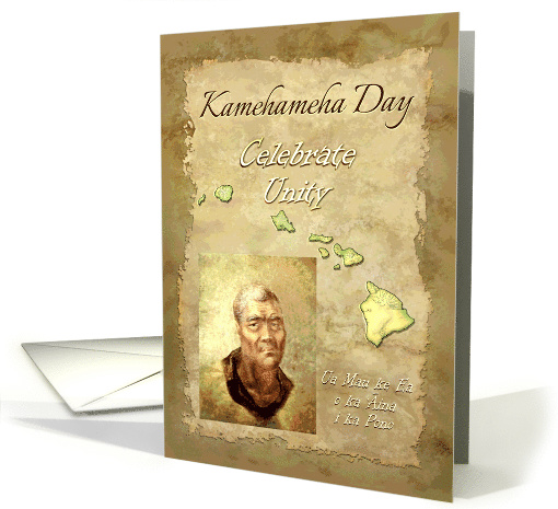 Kamehameha Day Portrait of King with Map of Hawaiian Islands card