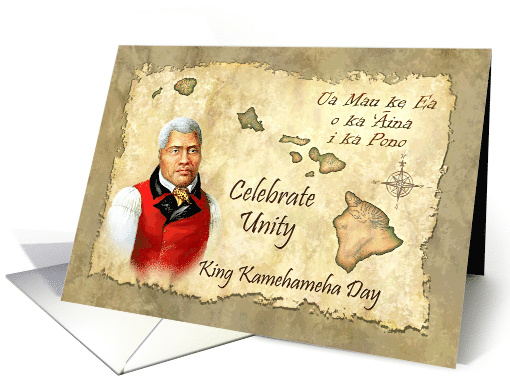 Kamehameha Day Portrait of King with Map of Hawaiian Islands card