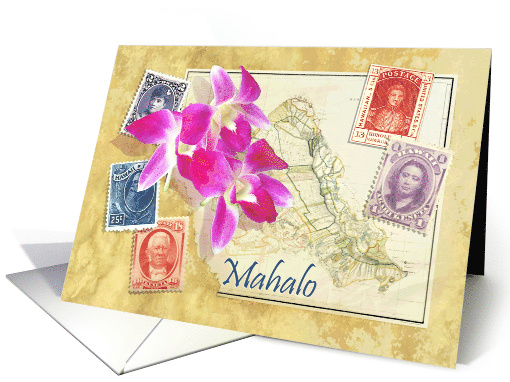 Mahalo Hawaiian Thank You with Orchids, Map of Oahu & Stamps card
