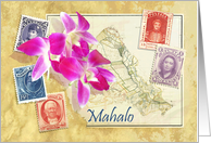 Mahalo Hawaiian Thank You with Orchids, Map of Oahu & Stamps card