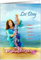 Hawaiian Lei Day Woman Making Lei, Five Virtues of Aloha Spirit card
