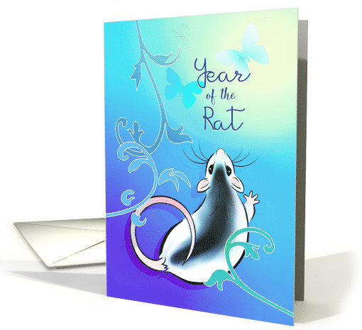 Chinese New Year of the Rat, Black and White Rat with Butterflies card