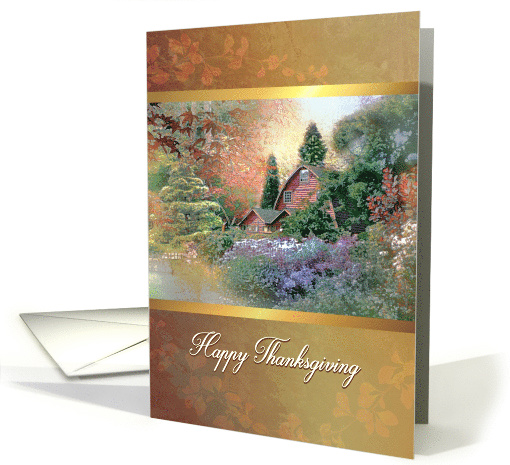 Happy Thanksgiving, Country House & Garden with Autumn Leaves card