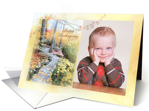 Happy Thanksgiving with Leafy Path and Fall Foliage with Photo card