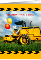 Birthday Party Invitation for 3 Year Old, Balloons & Tractor Bulldozer card